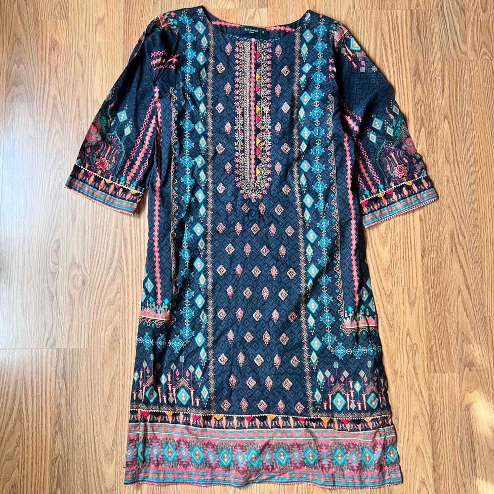 Bin Saeed Lawn Kurti Size Small Black Orange Red Gold Accents Embroidery Flowers